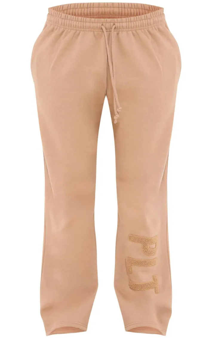 PRETTYLITTLETHING Taupe Borg Applique Wide Leg Sweatpants