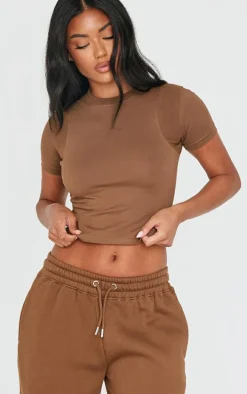 PRETTYLITTLETHING Taupe Embroidered Rib Panel T Shirt