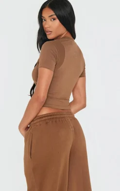 PRETTYLITTLETHING Taupe Embroidered Rib Panel T Shirt