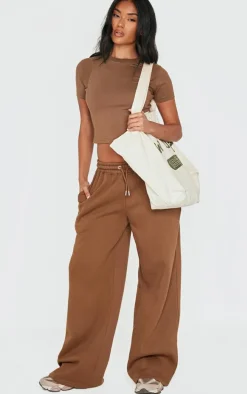 PRETTYLITTLETHING Taupe Embroidered Rib Panel T Shirt