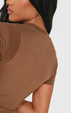 PRETTYLITTLETHING Taupe Embroidered Rib Panel T Shirt