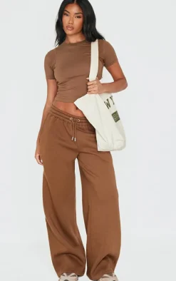 PRETTYLITTLETHING Taupe Embroidered Wide Leg Sweatpant