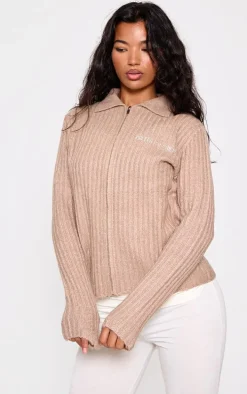 PRETTYLITTLETHING Taupe Rib Knit Collar Detail Zip Up Cardigan