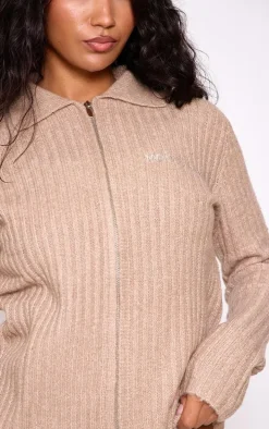 PRETTYLITTLETHING Taupe Rib Knit Collar Detail Zip Up Cardigan