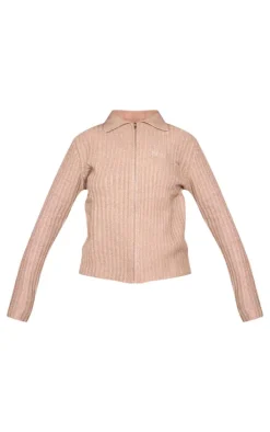 PRETTYLITTLETHING Taupe Rib Knit Collar Detail Zip Up Cardigan
