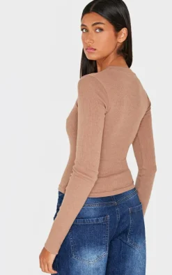 PRETTYLITTLETHING Taupe Ribbed Embroidered Long Sleeve T Shirt