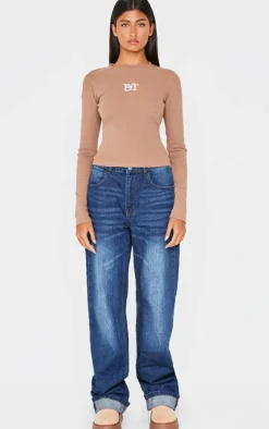 PRETTYLITTLETHING Taupe Ribbed Embroidered Long Sleeve T Shirt