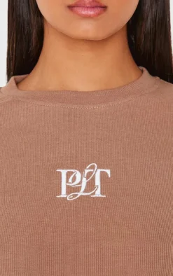 PRETTYLITTLETHING Taupe Ribbed Embroidered Long Sleeve T Shirt