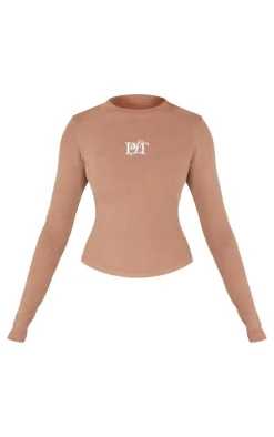 PRETTYLITTLETHING Taupe Ribbed Embroidered Long Sleeve T Shirt
