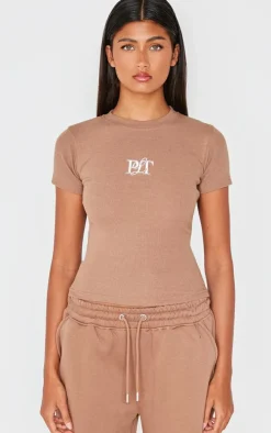 PRETTYLITTLETHING Taupe Ribbed Embroidered Short Sleeve T Shirt