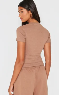 PRETTYLITTLETHING Taupe Ribbed Embroidered Short Sleeve T Shirt
