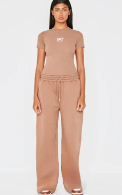 PRETTYLITTLETHING Taupe Ribbed Embroidered Short Sleeve T Shirt