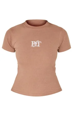 PRETTYLITTLETHING Taupe Ribbed Embroidered Short Sleeve T Shirt