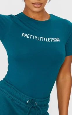 PRETTYLITTLETHING Teal Logo Short Sleeved Bodysuit