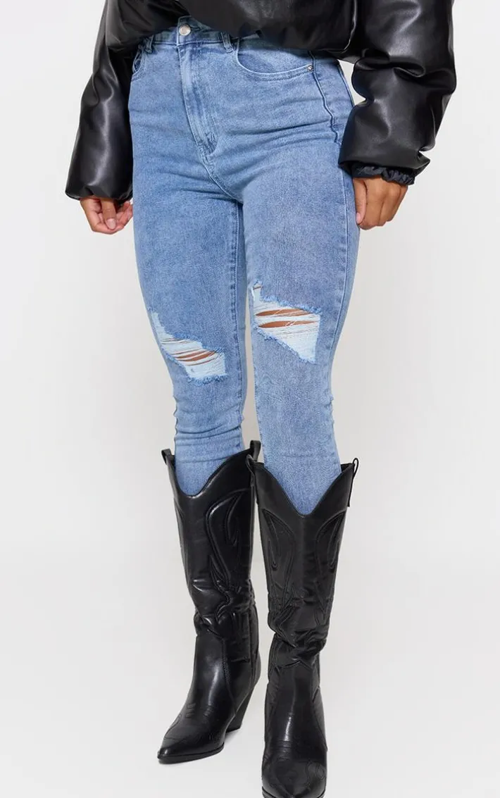 PRETTYLITTLETHING Vintage Wash Knee Rip 5 Pocket Skinny Jeans