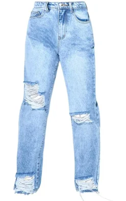 PRETTYLITTLETHING Vintage Wash Extreme Ripped Hem Knee Rip Mom Jeans