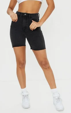 PRETTYLITTLETHING Washed Black Longline Fitted Denim Shorts