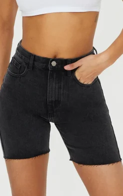 PRETTYLITTLETHING Washed Black Longline Fitted Denim Shorts
