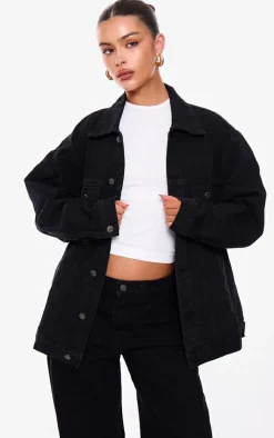 PRETTYLITTLETHING Washed Black Oversized Boyfriend Denim Jacket