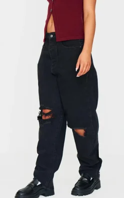 PRETTYLITTLETHING Washed Black Extreme Ripped Hem Boyfriend Jeans