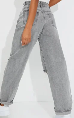 PRETTYLITTLETHING Washed Grey Open Knee Ripped Turn Up Boyfriend Jeans