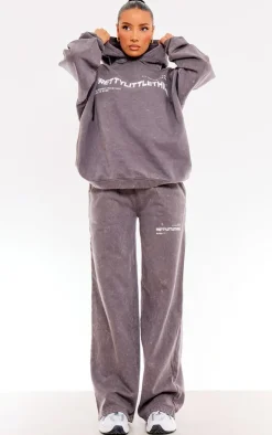 PRETTYLITTLETHING Washed Charcoal Print Oversized Wide Leg Sweatpants