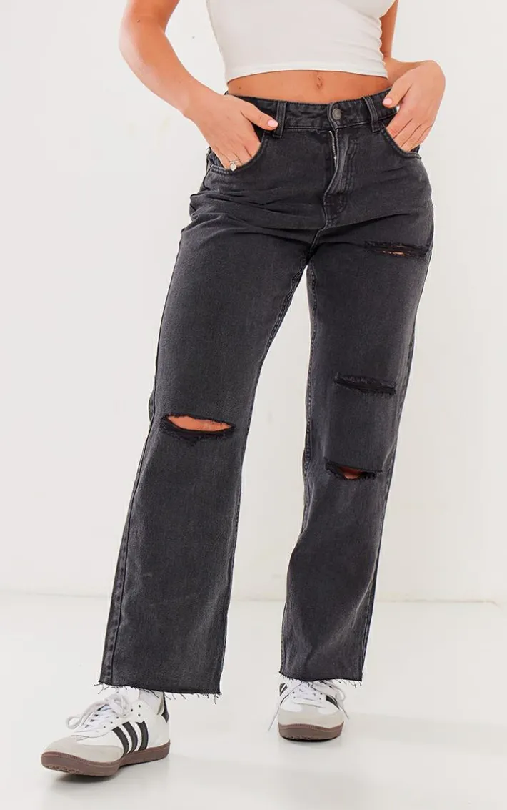 PRETTYLITTLETHING Washed Black Raw Hem Ankle Grazers Distressed Straight Leg Jeans
