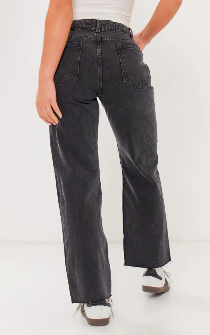 PRETTYLITTLETHING Washed Black Raw Hem Ankle Grazers Distressed Straight Leg Jeans