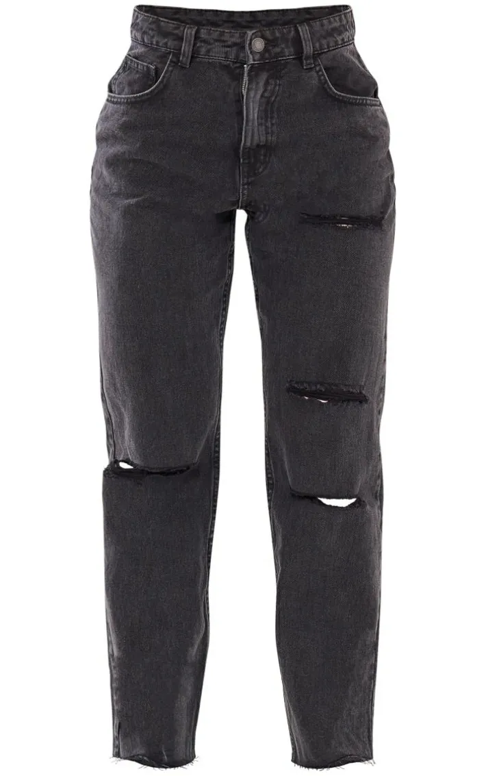 PRETTYLITTLETHING Washed Black Raw Hem Ankle Grazers Distressed Straight Leg Jeans
