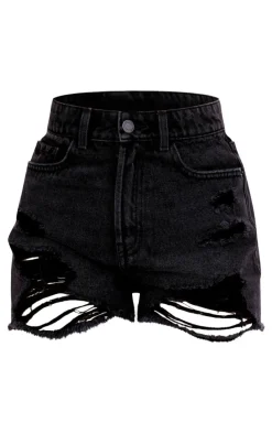 PRETTYLITTLETHING Washed Black Distressed High Rise Basic Denim Shorts
