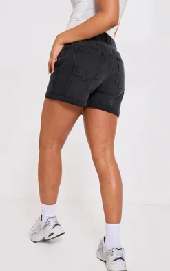 PRETTYLITTLETHING Washed Black Turn Up Mom Denim Shorts