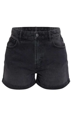 PRETTYLITTLETHING Washed Black Turn Up Mom Denim Shorts