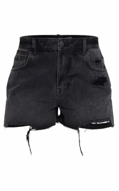 PRETTYLITTLETHING Washed Black Distressed High Rise Mom Denim Shorts