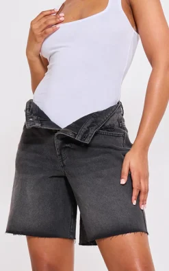 PRETTYLITTLETHING Washed Black Raw Hem Longline Loose Fit Denim Shorts