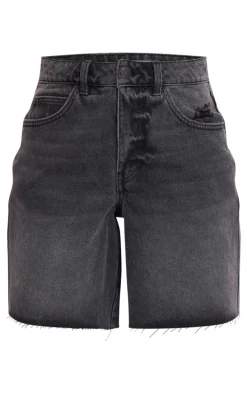 PRETTYLITTLETHING Washed Black Raw Hem Longline Loose Fit Denim Shorts