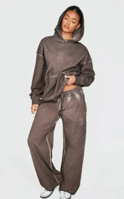 PRETTYLITTLETHING Washed Brown Premium Embossed Wide Leg Sweatpants