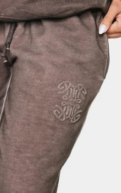 PRETTYLITTLETHING Washed Brown Premium Embossed Wide Leg Sweatpants