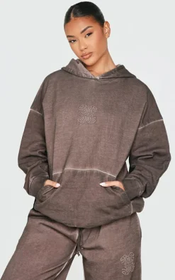 PRETTYLITTLETHING Washed Brown Premium Embossed Oversized Hoodie