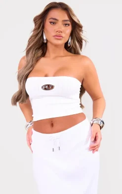 PRETTYLITTLETHING White Metal Badge Snatched Rib Bandeau Top