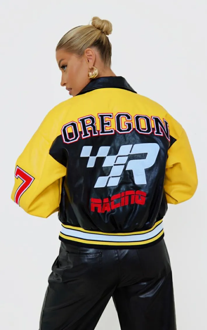 PRETTYLITTLETHING Yellow Faux Leather Motocross Racer Bomber Jacket
