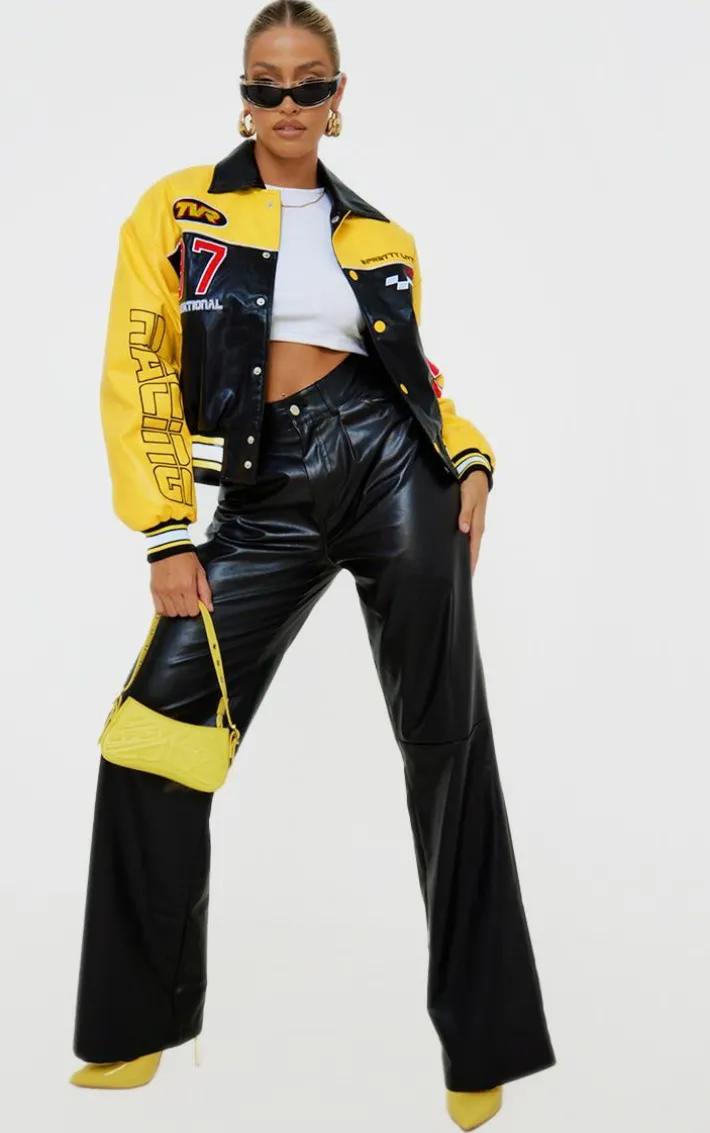 PRETTYLITTLETHING Yellow Faux Leather Motocross Racer Bomber Jacket