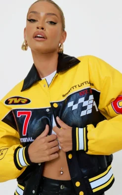 PRETTYLITTLETHING Yellow Faux Leather Motocross Racer Bomber Jacket