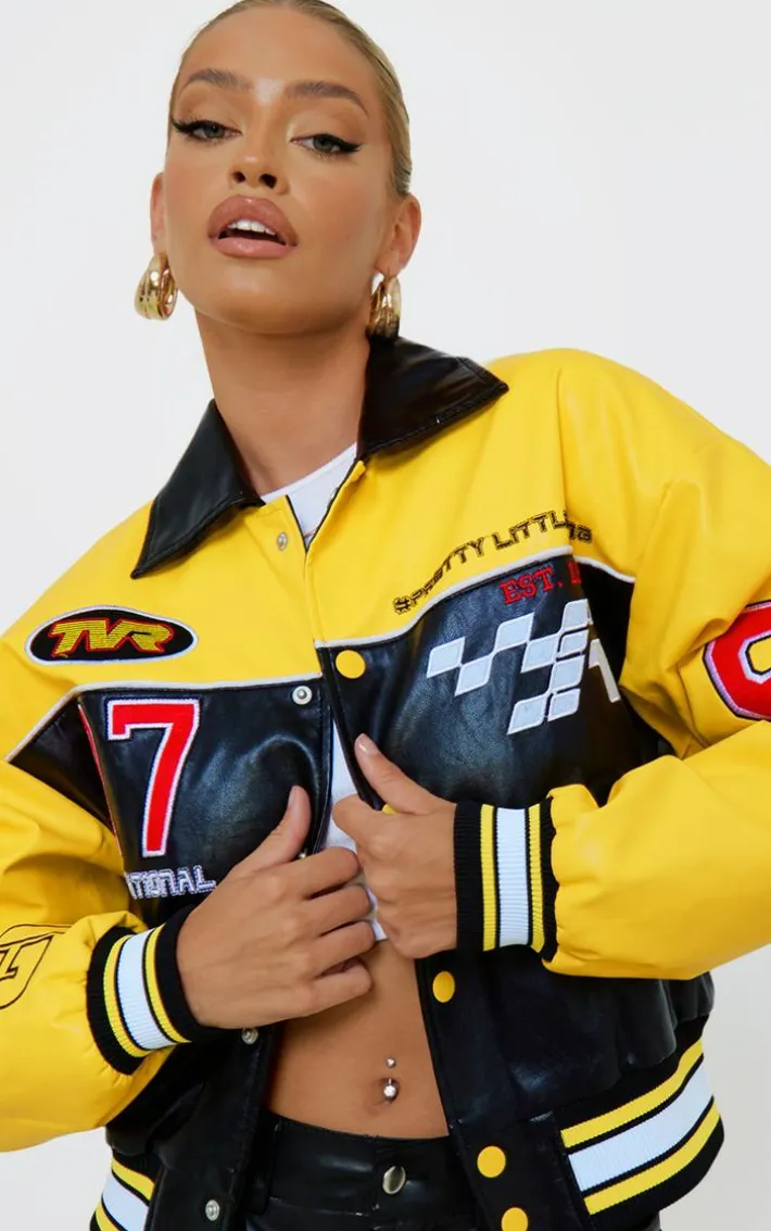 PRETTYLITTLETHING Yellow Faux Leather Motocross Racer Bomber Jacket