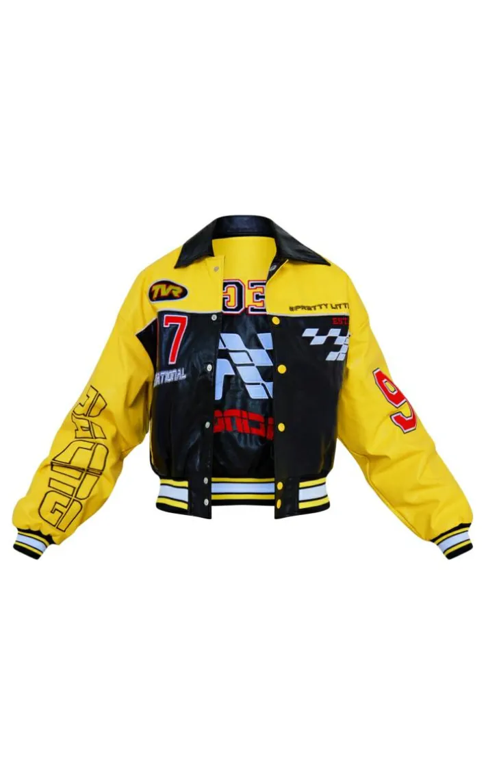 PRETTYLITTLETHING Yellow Faux Leather Motocross Racer Bomber Jacket