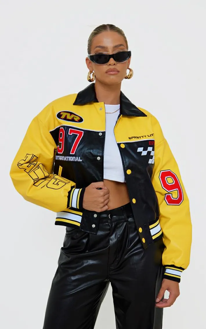 PRETTYLITTLETHING Yellow Faux Leather Motocross Racer Bomber Jacket