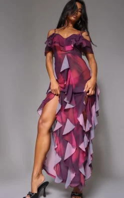 Purple Abstract Cold Shoulder Ruffle Detail Maxi Dress
