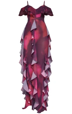 Purple Abstract Cold Shoulder Ruffle Detail Maxi Dress