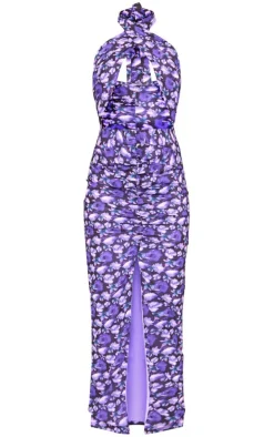 Purple Abstract Floral Cross Halterneck Cut Out Ruched Midaxi Dress