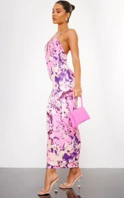 Purple Abstract Plisse Wired Plunge Ruched Bum Maxi Dress