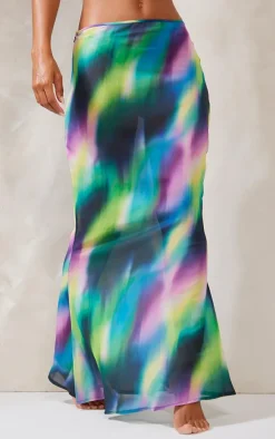 Purple Abstract Print Chiffon Fishtail Maxi Beach Skirt